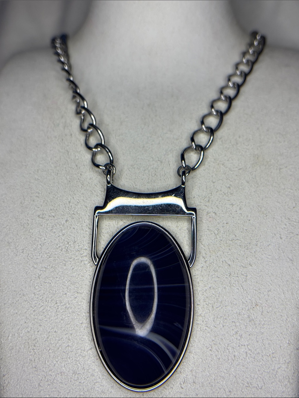 Lia Sophia Long Silver Chain Necklace with Dark Blue Oval Pendant